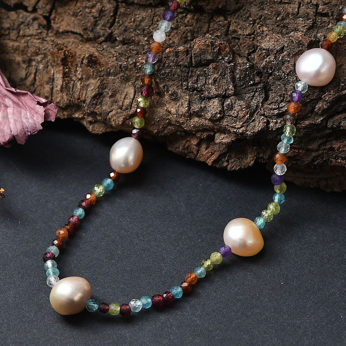 Multi Color Freshwater Pearl and Multi Gemstone 30 ctw Necklace 24 Inches in Rhodium Over Sterling Silver image number 1