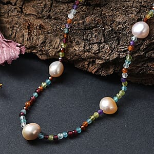 Multi Color Freshwater Pearl and Multi Gemstone 30 ctw Necklace 24 Inches in Rhodium Over Sterling Silver