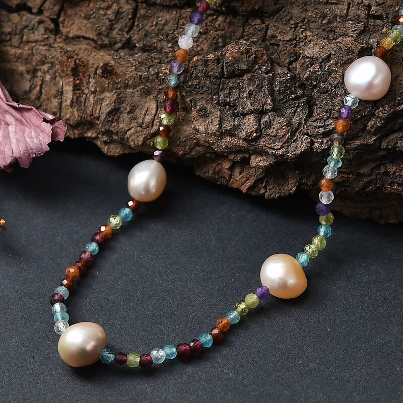 GCS Multi Color Freshwater Pearl and Multi Gemstone 30 ctw Necklace 24 Inches in Rhodium Over Sterling Silver