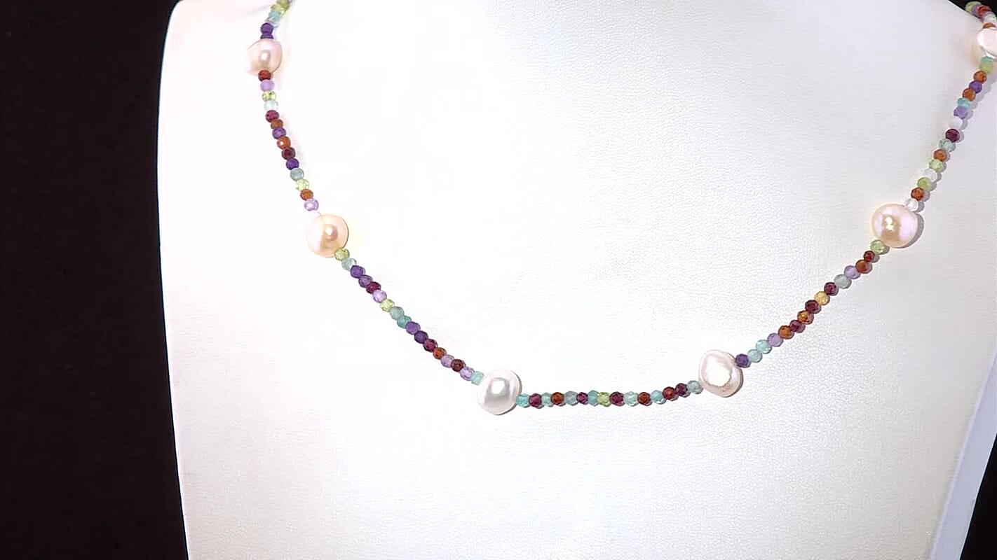 Multi Color Freshwater Pearl and Multi Gemstone 30 ctw Necklace 24 Inches in Rhodium Over Sterling Silver