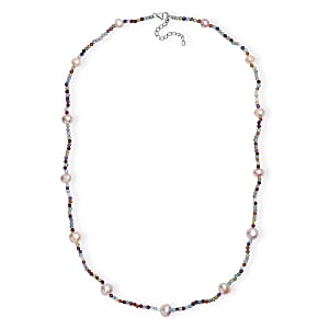 Multi Color Freshwater Pearl and Multi Gemstone 30 ctw Necklace 24 Inches in Rhodium Over Sterling Silver