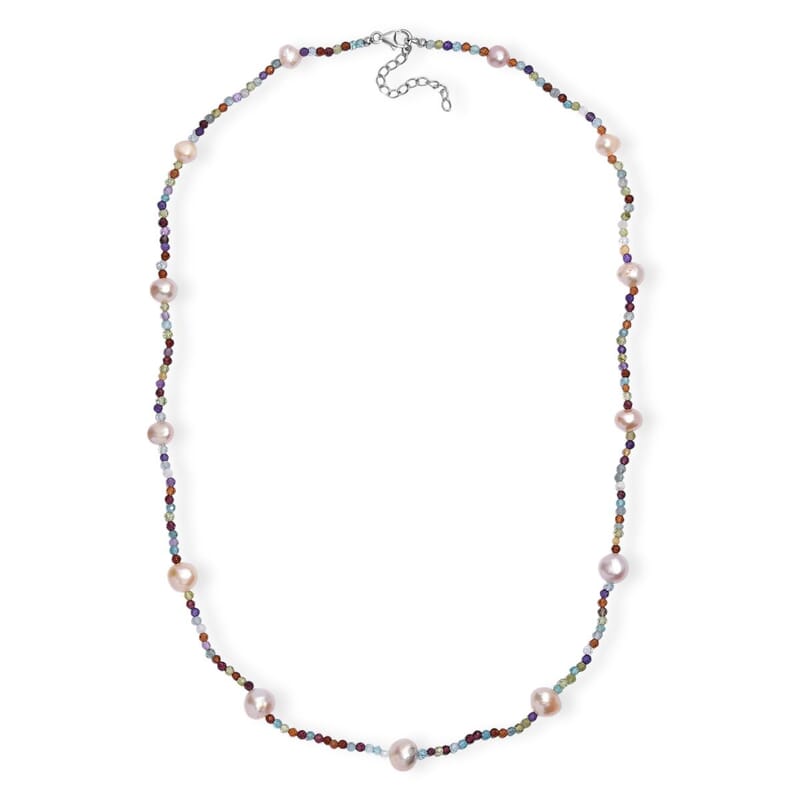 GCS Multi Color Freshwater Pearl and Multi Gemstone 30 ctw Necklace 24 Inches in Rhodium Over Sterling Silver