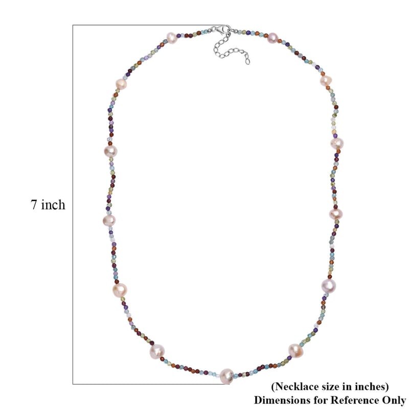 GCS Multi Color Freshwater Pearl and Multi Gemstone 30 ctw Necklace 24 Inches in Rhodium Over Sterling Silver