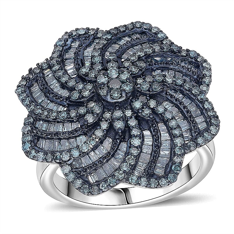 D'Joy Blue Diamond 1.50 ctw Spiral Floral Ring in Rhodium Over Sterling Silver (Size 6.0)