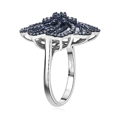 D'Joy Blue Diamond 1.50 ctw Spiral Floral Ring in Rhodium Over Sterling Silver (Size 6.0)