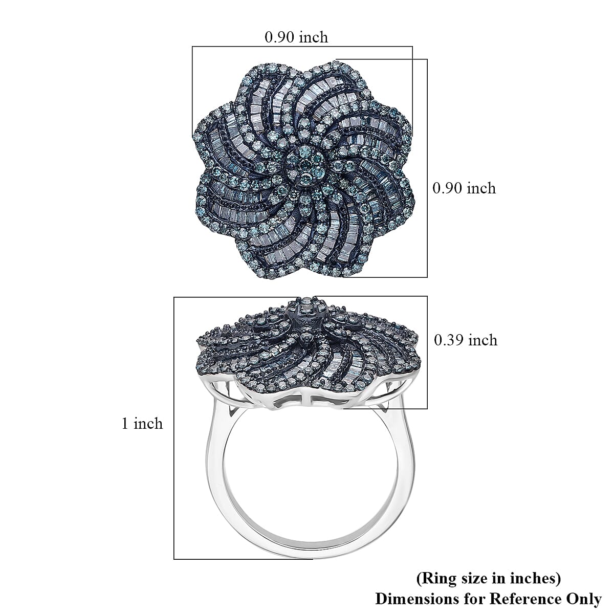 D'Joy Blue Diamond 1.50 ctw Spiral Floral Ring in Rhodium Over Sterling Silver (Size 7.0) image number 4