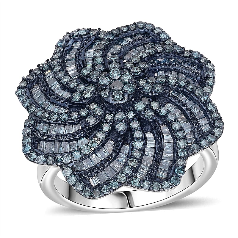 D'Joy Blue Diamond 1.50 ctw Spiral Floral Ring in Rhodium Over Sterling Silver (Size 8.0)