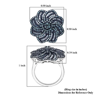 D'Joy Blue Diamond 1.50 ctw Spiral Floral Ring in Rhodium Over Sterling Silver (Size 8.0)