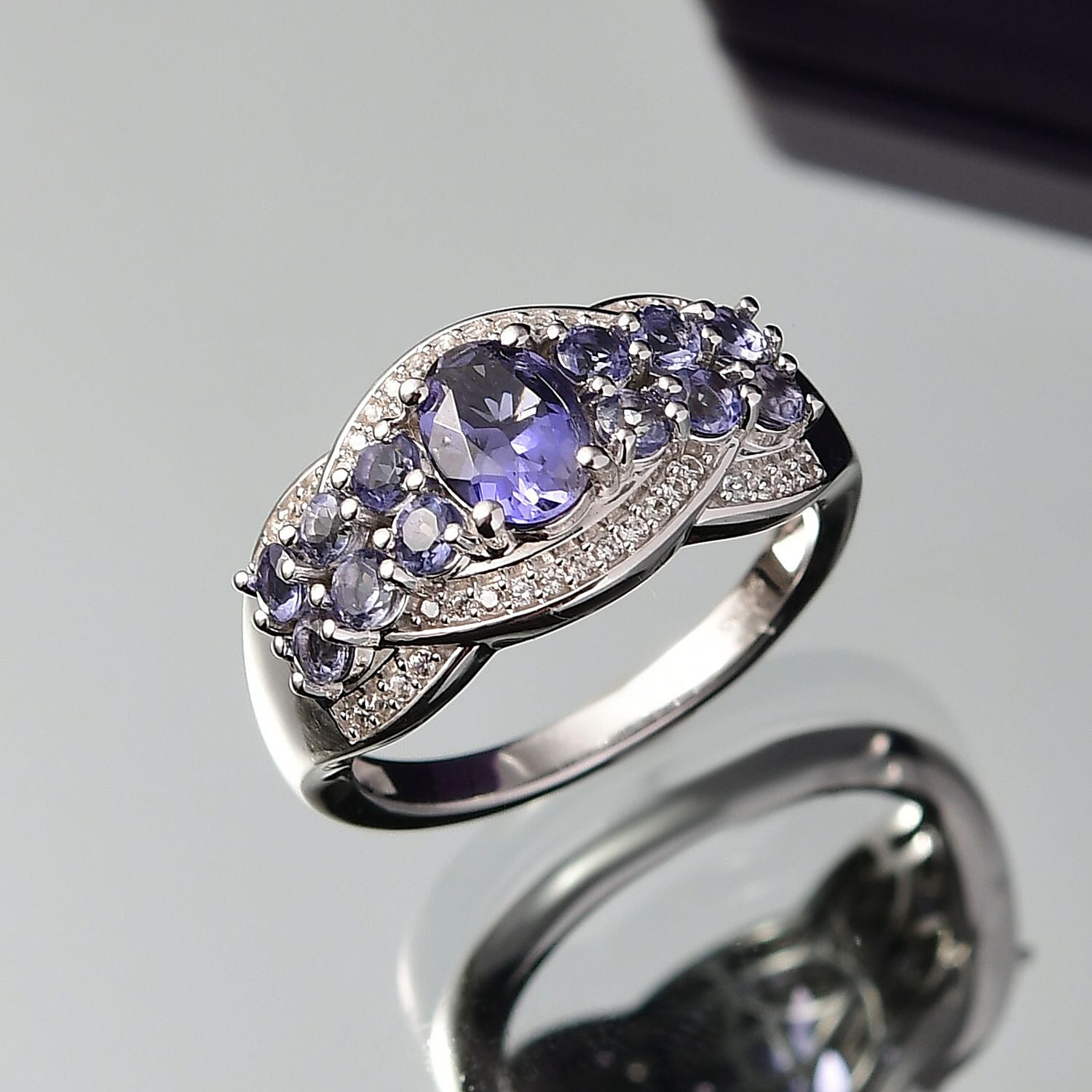 D'Joy Catalina Iolite and White Zircon 1.60 ctw Galactic Wave Ring in Rhodium Over Sterling Silver (Size 10.0)