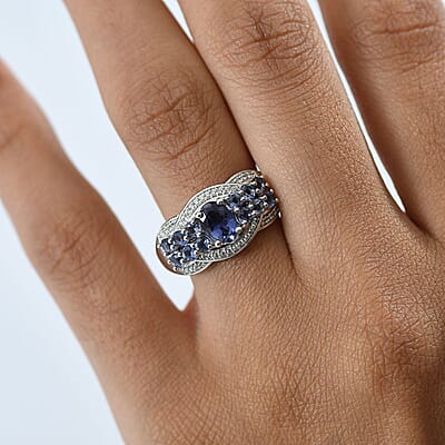 D'Joy Catalina Iolite and White Zircon 1.60 ctw Galactic Wave Ring in Rhodium Over Sterling Silver (Size 10.0)