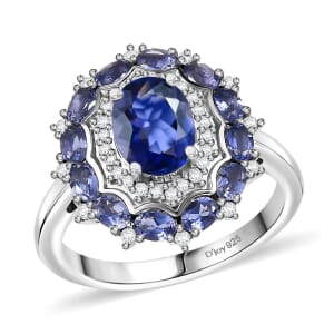 D'Joy Catalina Iolite and White Zircon 2.15 ctw Stellar Crown Ring in Rhodium Over Sterling Silver (Size 10.0)