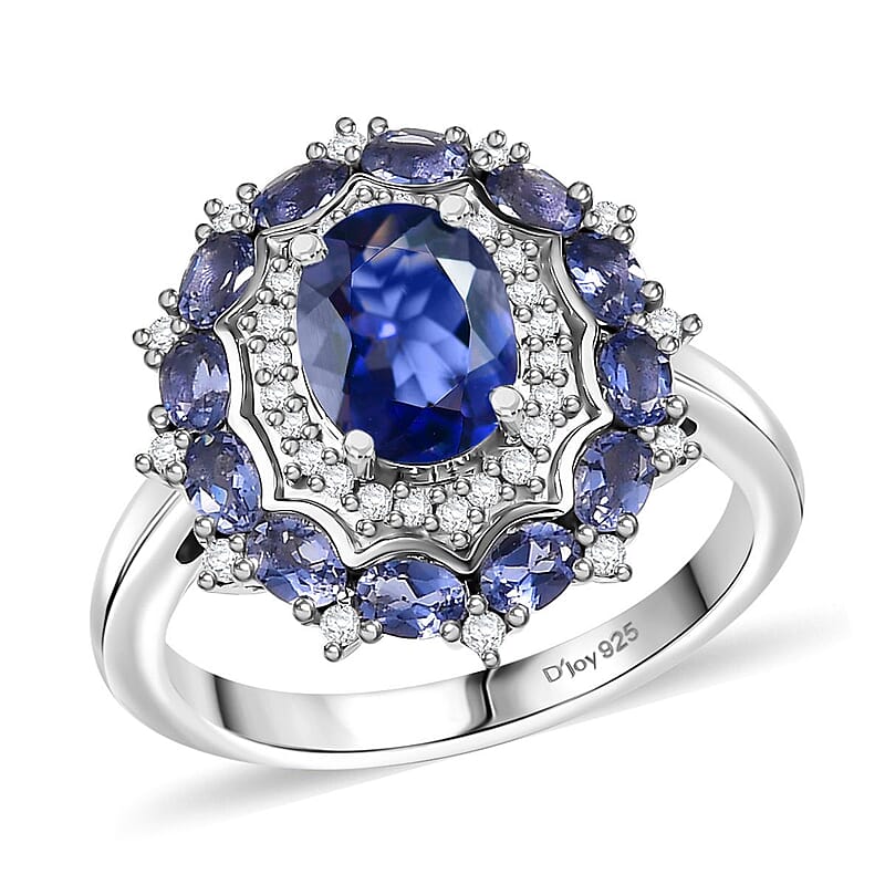 D'Joy Catalina Iolite and White Zircon 2.15 ctw Stellar Crown Ring in Rhodium Over Sterling Silver (Size 10.0)