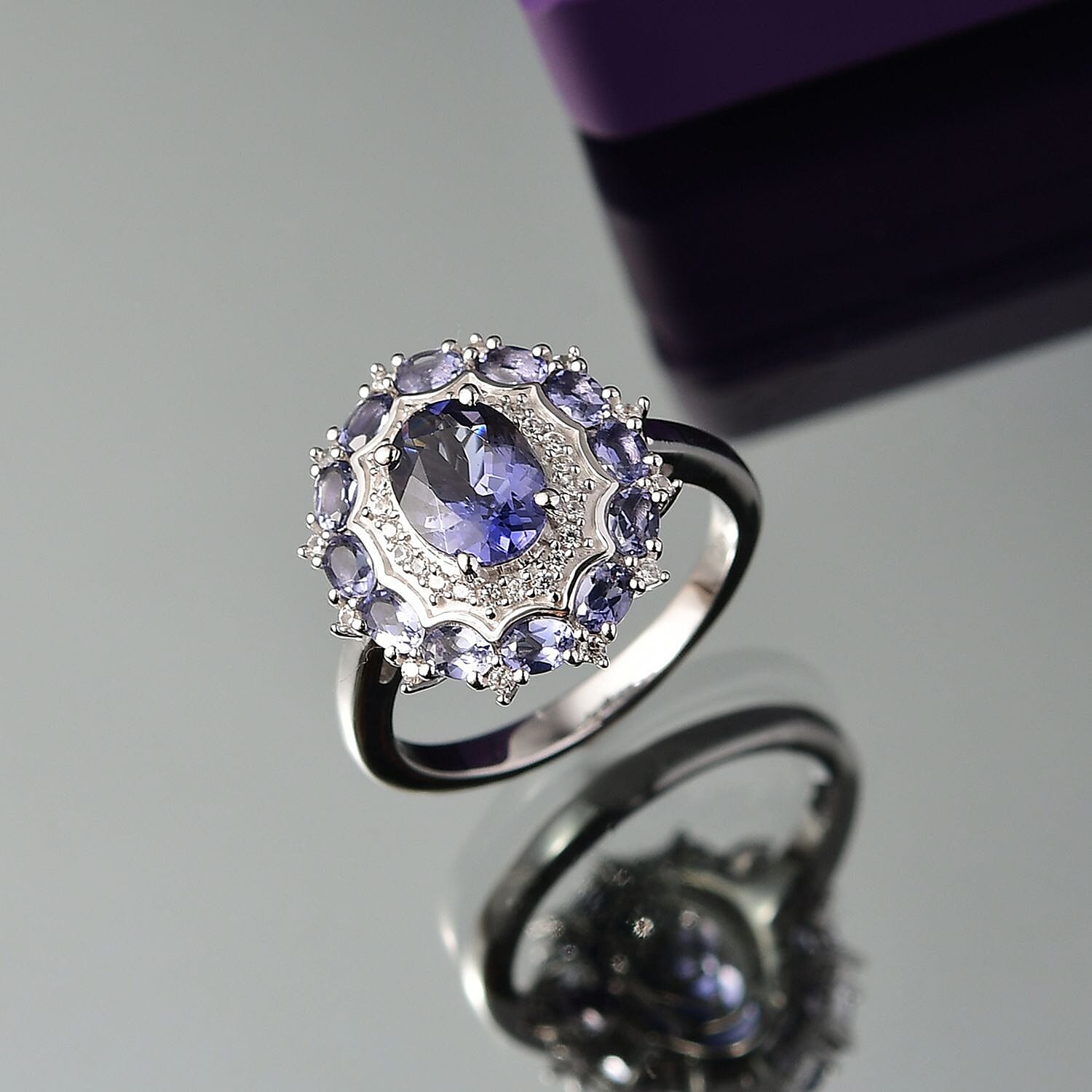 D'Joy Catalina Iolite and White Zircon 2.15 ctw Stellar Crown Ring in Rhodium Over Sterling Silver (Size 10.0)