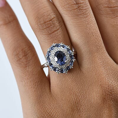 D'Joy Catalina Iolite and White Zircon 2.15 ctw Stellar Crown Ring in Rhodium Over Sterling Silver (Size 10.0)