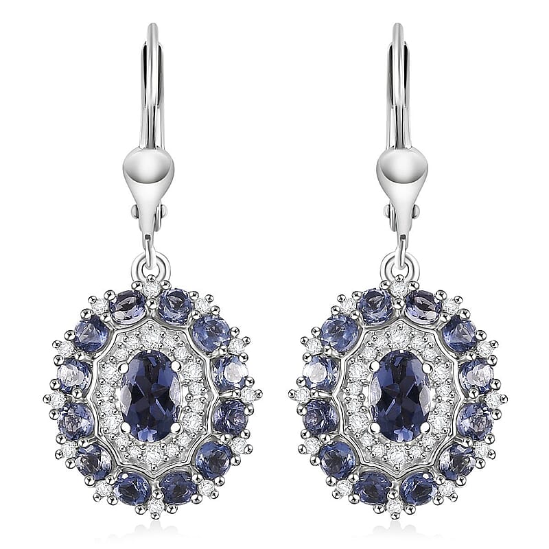 D'Joy Catalina Iolite and White Zircon 2.80 ctw Stellar Crown Earrings in Rhodium Over Sterling Silver