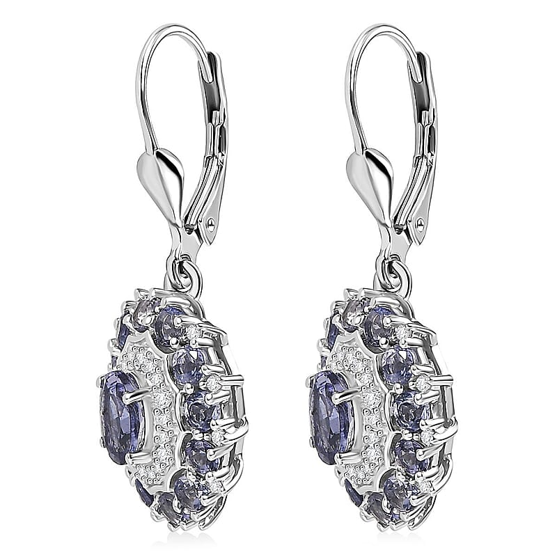 D'Joy Catalina Iolite and White Zircon 2.80 ctw Stellar Crown Earrings in Rhodium Over Sterling Silver