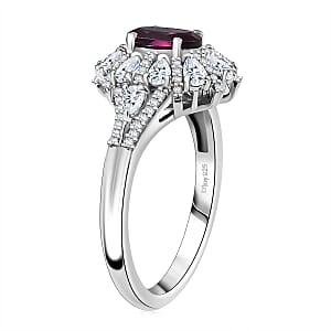 AAA Radiant Ember Garnet, White Zircon Ring in Rhodium Over Sterling Silver (Size 10.0) 2.35 ctw