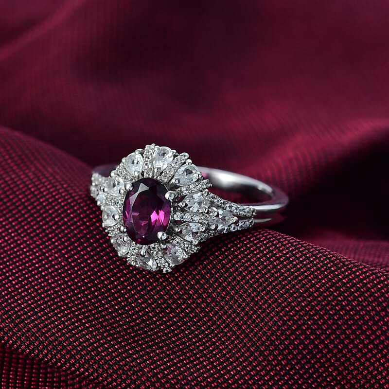 D'Joy AAA Radiant Ember Garnet and White Zircon 2.35 ctw Crown of Lights Ring in Rhodium Over Sterling Silver (Size 5.0)