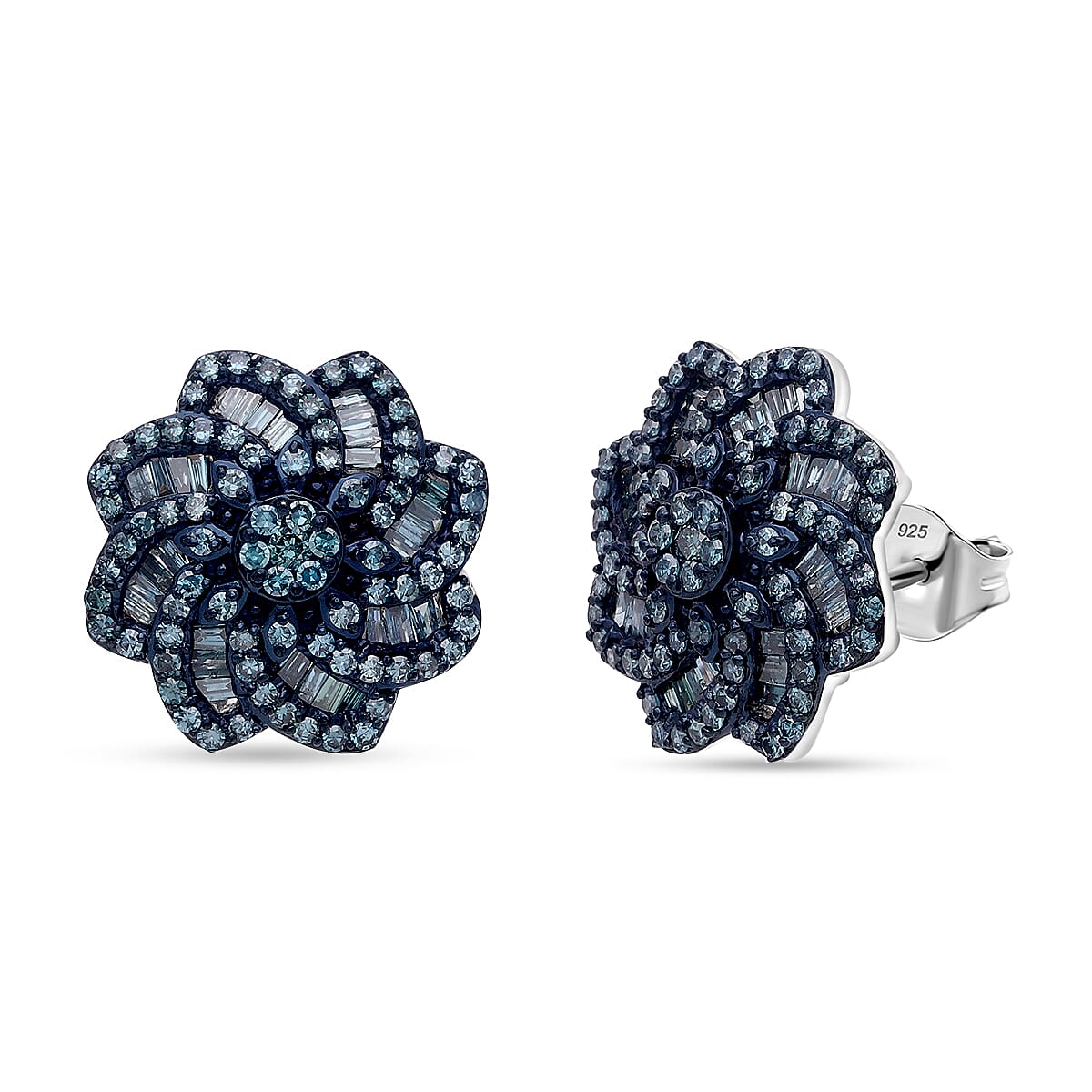 D'Joy Blue Diamond 1.50 ctw Floral Earrings in Rhodium Over Sterling Silver image number 0