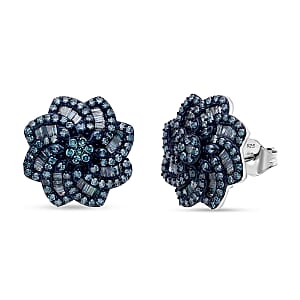 D'Joy Blue Diamond 1.50 ctw Floral Earrings in Rhodium Over Sterling Silver