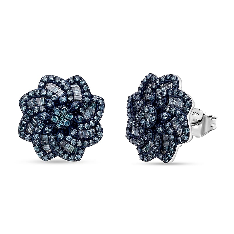 D'Joy Blue Diamond 1.50 ctw Spiral Floral Stud Earrings in Rhodium Over Sterling Silver