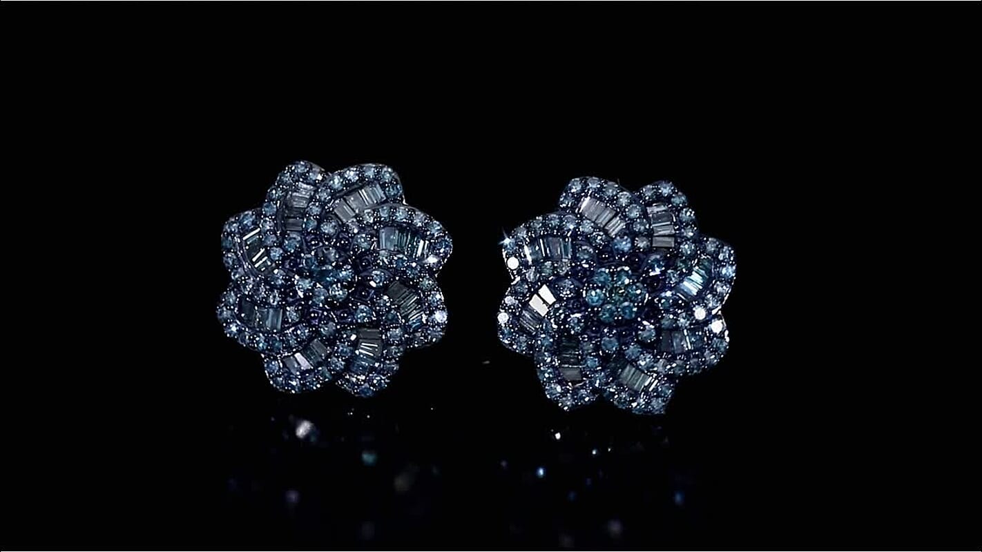 D'Joy Blue Diamond 1.50 ctw Floral Earrings in Rhodium Over Sterling Silver