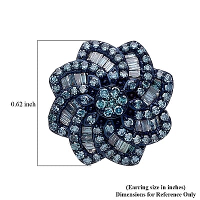 D'Joy Blue Diamond 1.50 ctw Spiral Floral Stud Earrings in Rhodium Over Sterling Silver