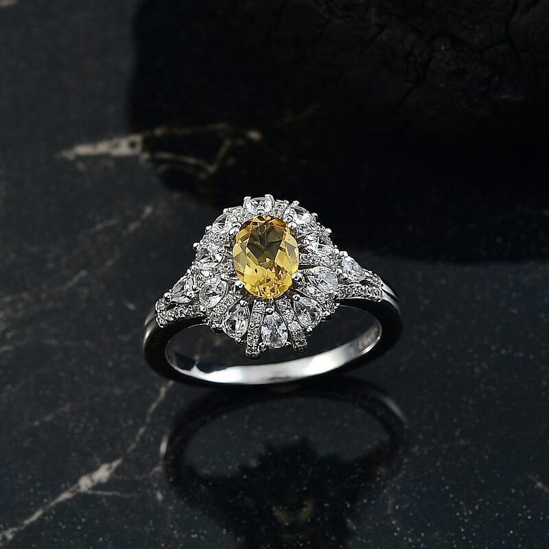 D'Joy Brazilian Heliodor and White Zircon 2.15 ctw Crown of Lights Ring in Rhodium Over Sterling Silver (Size 10.0)