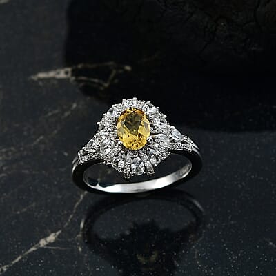 D'Joy Brazilian Heliodor and White Zircon 2.15 ctw Crown of Lights Ring in Rhodium Over Sterling Silver (Size 7.0)