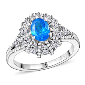 D'Joy Premium Malgache Neon Apatite and White Zircon 2.20 ctw Crown of Lights Ring in Rhodium Over Sterling Silver (Size 10.0)