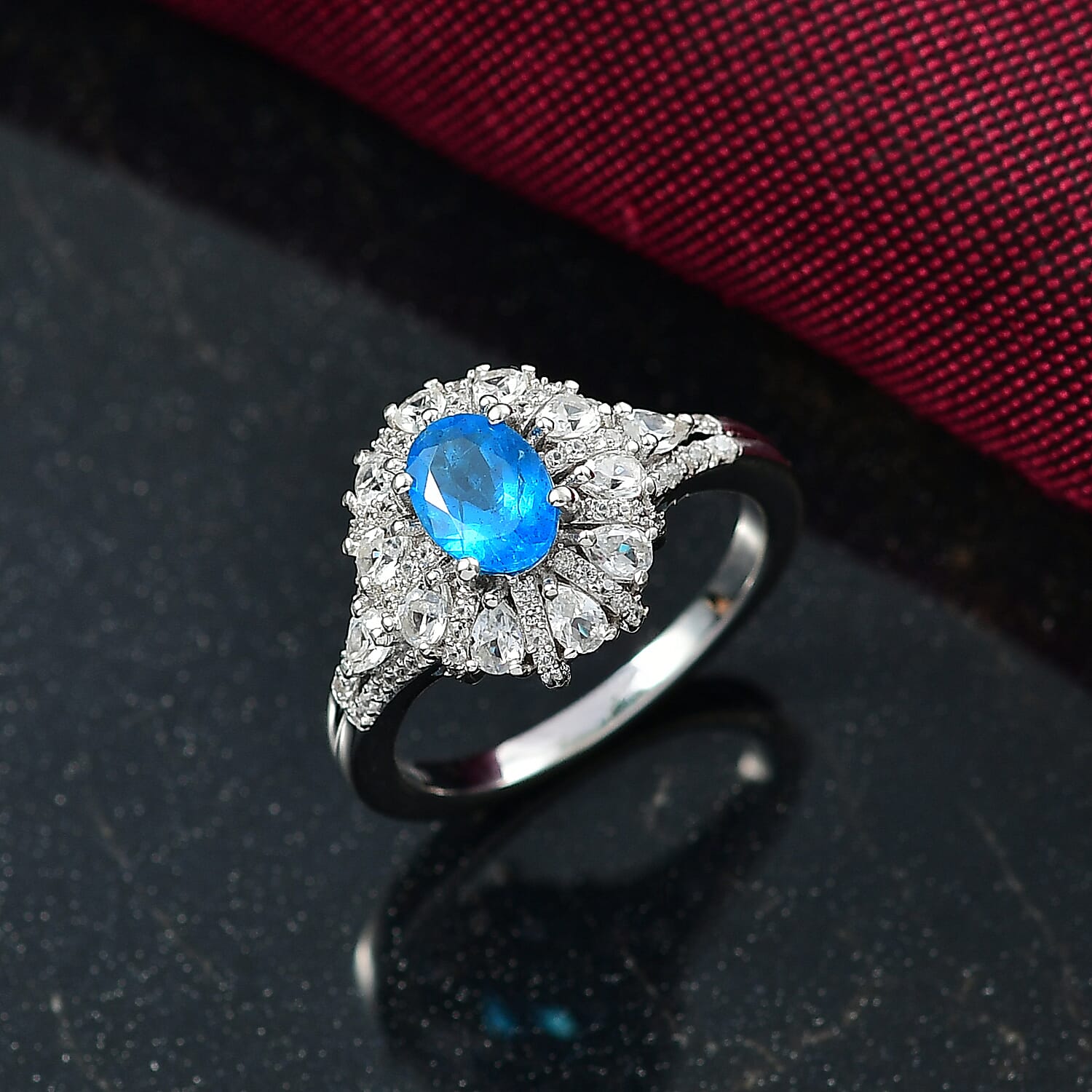 D'Joy Premium Malgache Neon Apatite and White Zircon 2.20 ctw Crown of Lights Ring in Rhodium Over Sterling Silver (Size 10.0)