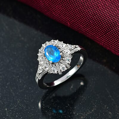 D'Joy Premium Malgache Neon Apatite and White Zircon 2.20 ctw Crown of Lights Ring in Rhodium Over Sterling Silver (Size 10.0)