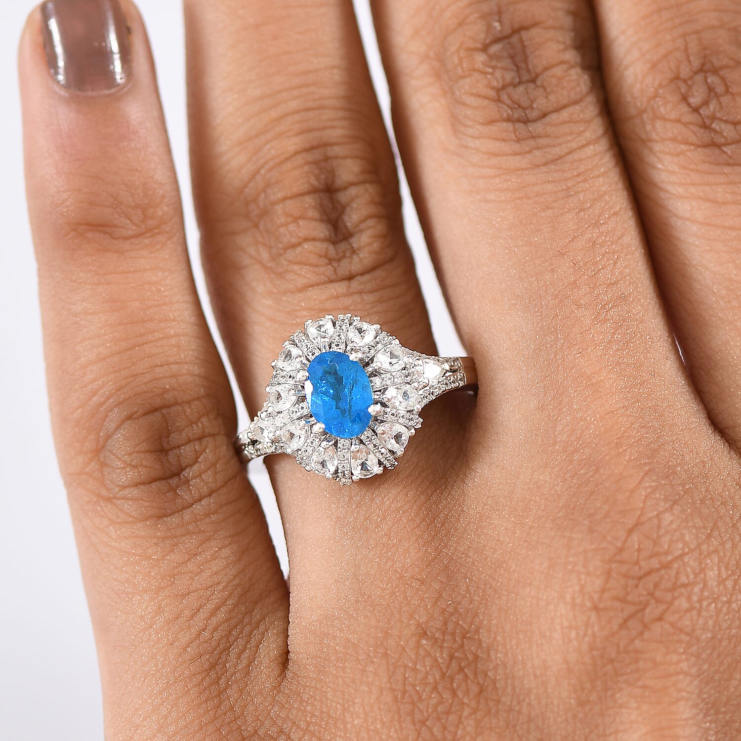 D'Joy Premium Malgache Neon Apatite and White Zircon 2.20 ctw Crown of Lights Ring in Rhodium Over Sterling Silver (Size 10.0)