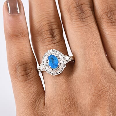 D'Joy Premium Malgache Neon Apatite and White Zircon 2.20 ctw Crown of Lights Ring in Rhodium Over Sterling Silver (Size 10.0)
