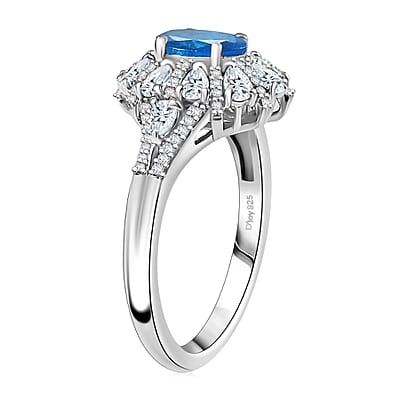 D'Joy Premium Malgache Neon Apatite and White Zircon 2.20 ctw Crown of Lights Ring in Rhodium Over Sterling Silver (Size 10.0)