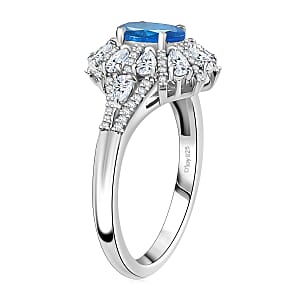 D'Joy Premium Malgache Neon Apatite and White Zircon 2.20 ctw Crown of Lights Ring in Rhodium Over Sterling Silver (Size 9.0)