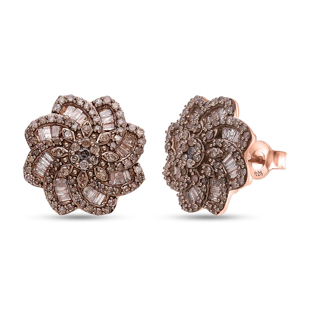 D'Joy Natural Champagne Diamond 1.50 ctw Floral Earrings in 18K Vermeil Rose Gold Over Sterling Silver image number 0