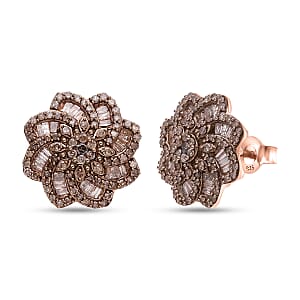 D'Joy Natural Champagne Diamond 1.50 ctw Floral Earrings in 18K Vermeil Rose Gold Over Sterling Silver