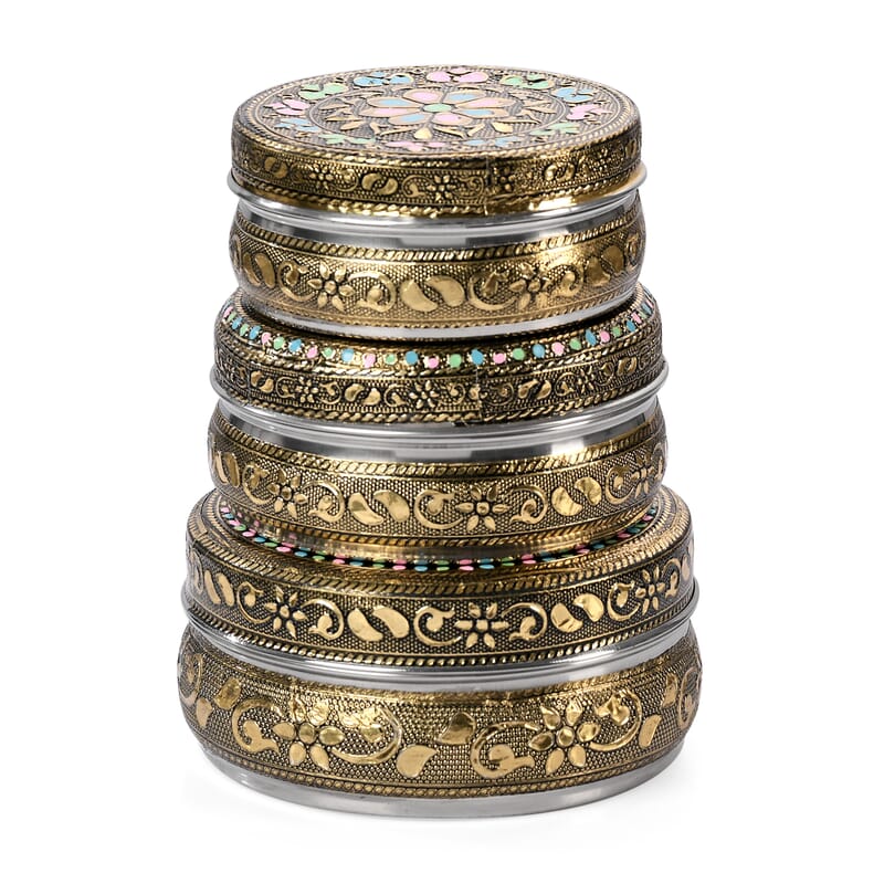 Handcrafted Set Of 3 Floral Embossed Oxidized Storage Container