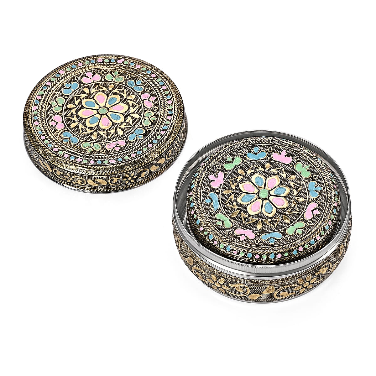 Handcrafted Set Of 3 Floral Embossed Oxidized Storage Container image number 2