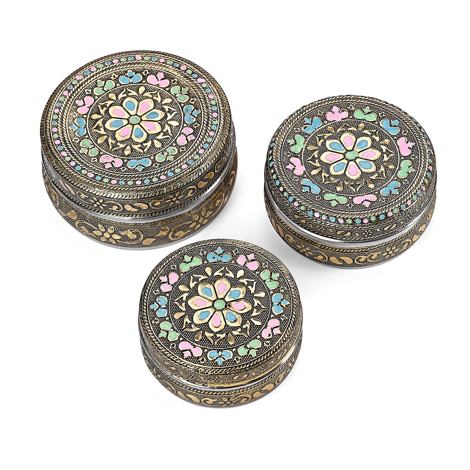 Handcrafted Set Of 3 Floral Embossed Oxidized Storage Container