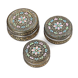 Handcrafted Set Of 3 Floral Embossed Oxidized Storage Container