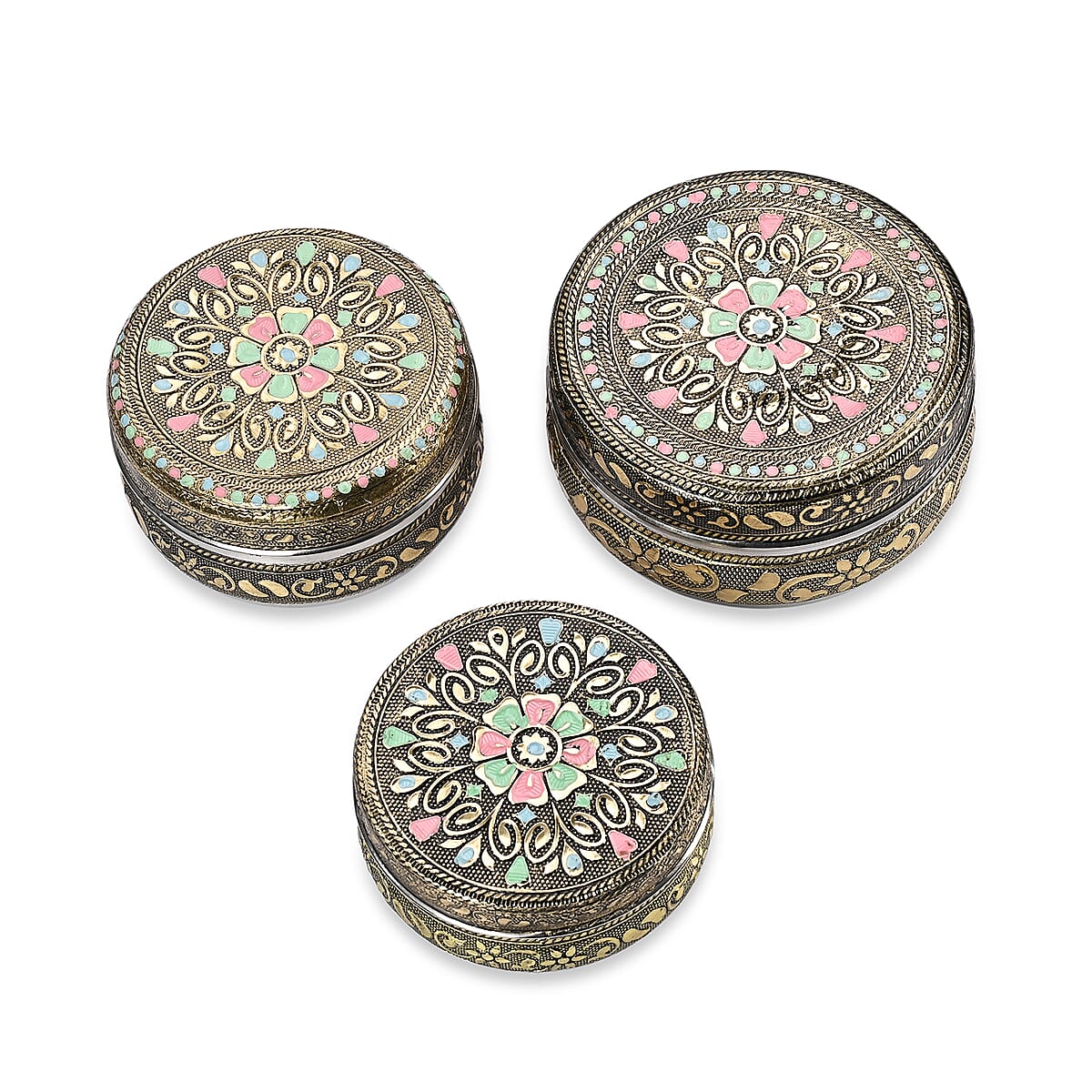 Handcrafted Set Of 3 Mandala Embossed Oxidized Storage Container image number 2