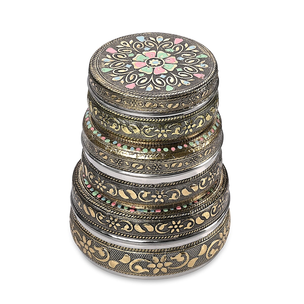 Handcrafted Set Of 3 Mandala Embossed Oxidized Storage Container image number 3