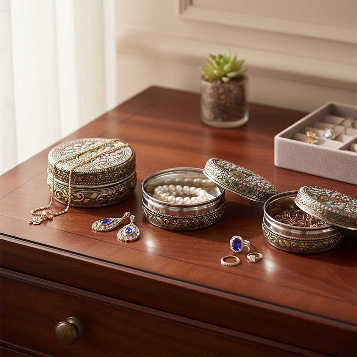 Handcrafted Set Of 3 Peacock Embossed Oxidized Storage Container image number 1