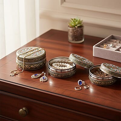 Handcrafted Set Of 3 Peacock Embossed Oxidized Storage Container