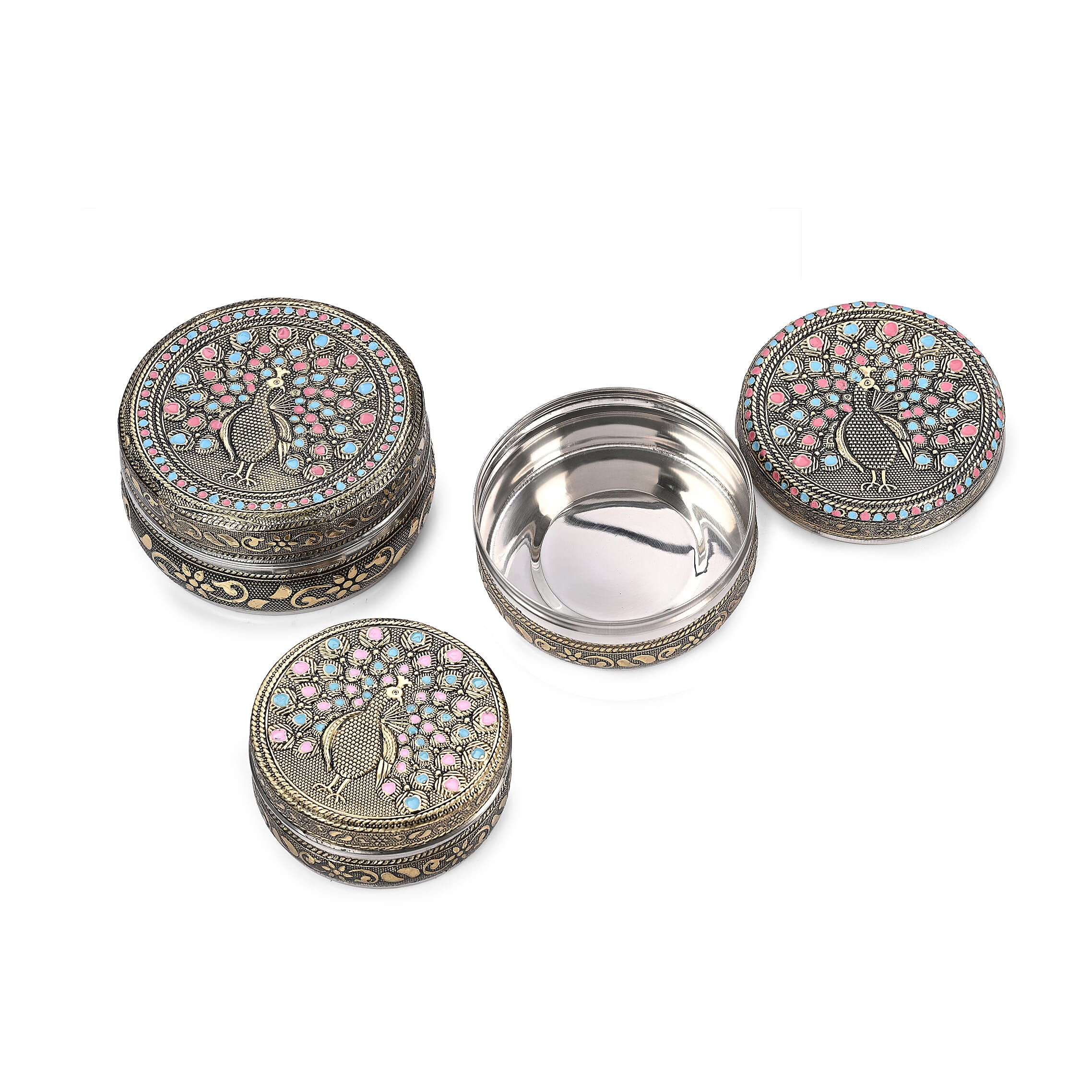 Handcrafted Set Of 3 Peacock Embossed Oxidized Storage Container