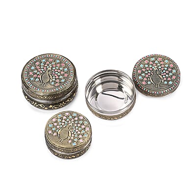 Handcrafted Set Of 3 Peacock Embossed Oxidized Storage Container