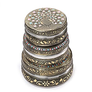 Handcrafted Set Of 3 Peacock Embossed Oxidized Storage Container