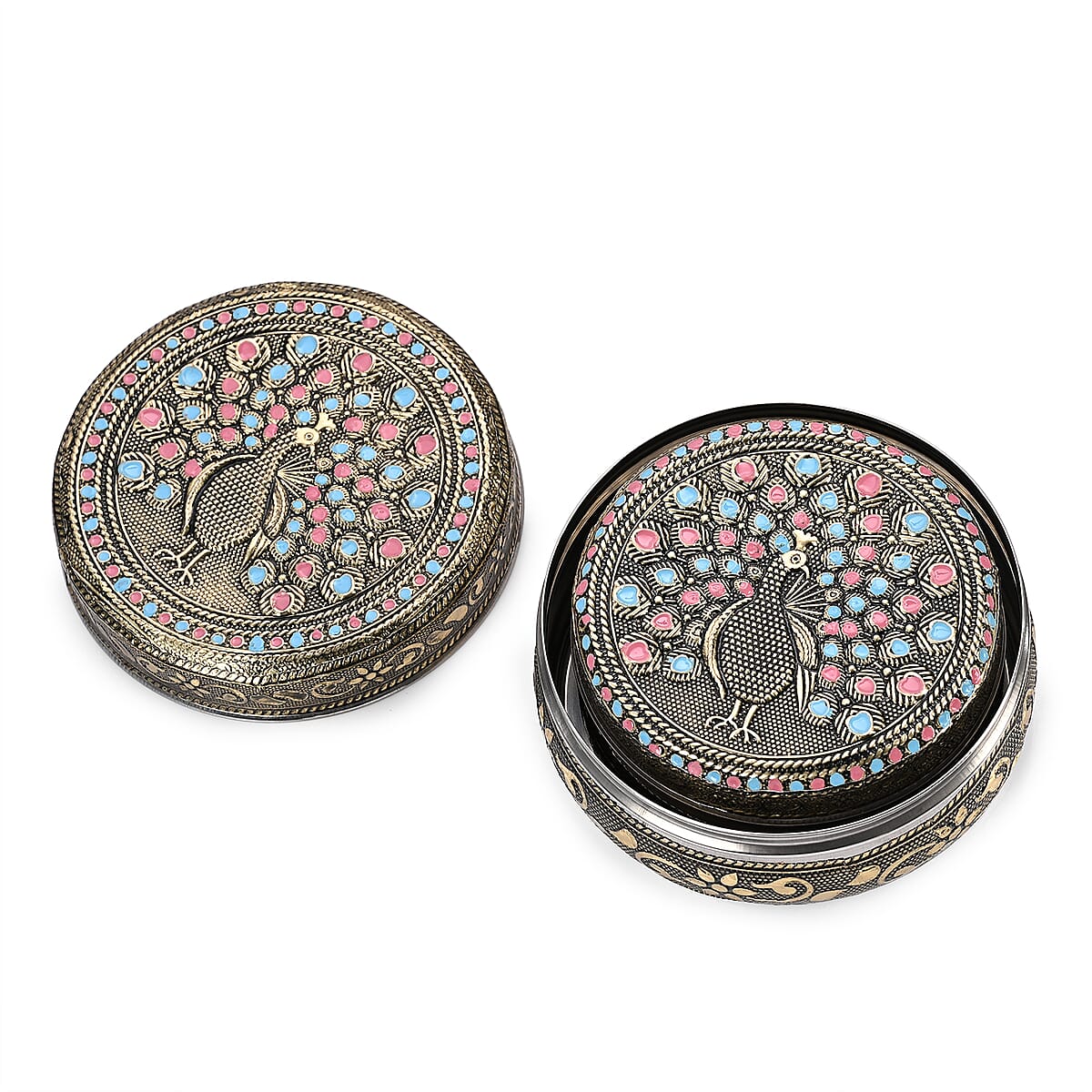 Handcrafted Set Of 3 Peacock Embossed Oxidized Storage Container image number 4